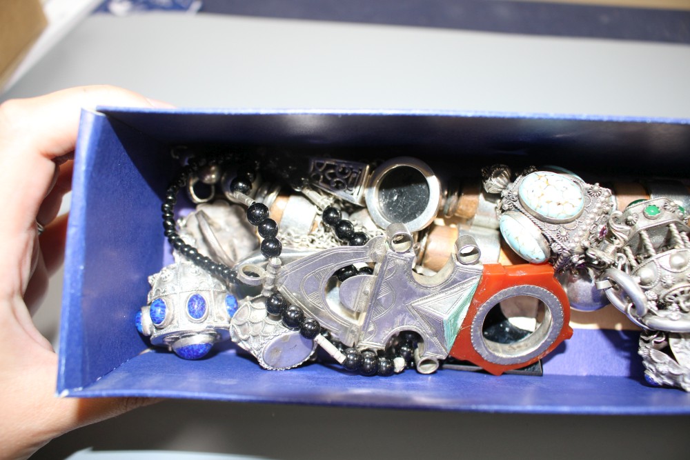 A mixed group of continental mainly white metal mounted gem set jewellery including necklaces and charm bracelet,